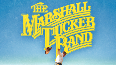 Retro-style poster for The Marshall Tucker Band with large yellow lettering on a blue gradient background.