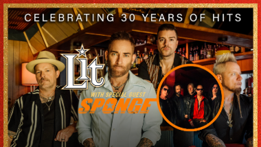 Promotional graphic for Lit celebrating 30 years of hits, showing four band members posed in a bar interior with bottles in the background and a circular inset image of Sponge.