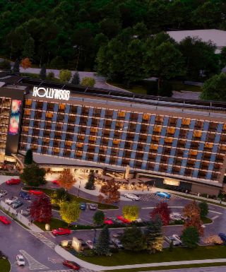 The outside of the Hotel of Hollywood Casino Aurora. 